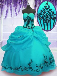 Sleeveless Organza Floor Length Lace Up Ball Gown Prom Dress in Turquoise with Embroidery
