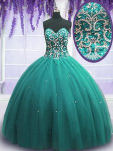 Turquoise Ball Gowns Tulle Sweetheart Sleeveless Beading Floor Length Lace Up Sweet 16 Quinceanera Dress
