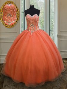 Orange Red Sweetheart Neckline Sequins Quinceanera Gowns Sleeveless Lace Up
