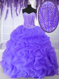 Romantic Sweetheart Sleeveless Quince Ball Gowns Floor Length Beading and Ruffles Lavender Organza
