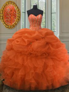 Organza Sweetheart Sleeveless Lace Up Beading and Ruffles and Pick Ups Vestidos de Quinceanera in Orange Red