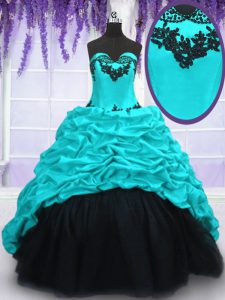 Most Popular Aqua Blue Taffeta Lace Up Sweetheart Sleeveless With Train Ball Gown Prom Dress Sweep Train Appliques and Pick Ups