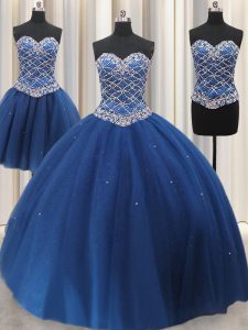 Captivating Three Piece Blue Sweetheart Neckline Beading and Sequins 15 Quinceanera Dress Sleeveless Lace Up