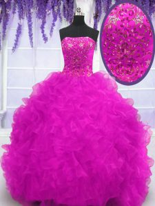 Elegant Sleeveless Brush Train Lace Up With Train Beading and Appliques and Ruffles Sweet 16 Dress