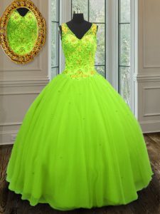 Straps Sleeveless Tulle Floor Length Zipper Quinceanera Dress in with Beading