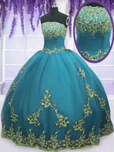 Stylish Floor Length Zipper 15th Birthday Dress Teal for Military Ball and Sweet 16 and Quinceanera with Appliques