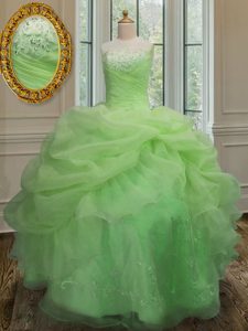 Delicate Organza Lace Up Strapless Sleeveless Floor Length Vestidos de Quinceanera Embroidery and Pick Ups
