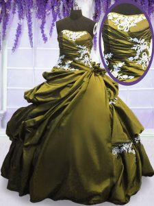 Unique Olive Green Lace Up Strapless Appliques and Pick Ups 15th Birthday Dress Taffeta Sleeveless