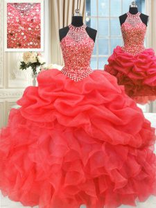 Sumptuous Three Piece Red Lace Up Quinceanera Gowns Beading and Pick Ups Sleeveless Floor Length