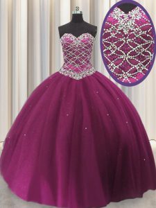 Exquisite Sequins Ball Gowns Ball Gown Prom Dress Fuchsia Sweetheart Tulle Sleeveless Floor Length Lace Up
