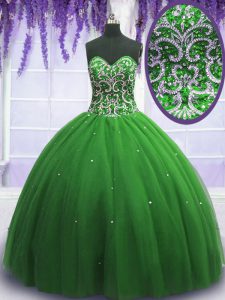 Inexpensive Green Lace Up Sweetheart Beading Vestidos de Quinceanera Tulle Sleeveless