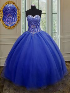 Artistic Royal Blue Ball Gowns Beading and Belt Sweet 16 Dresses Lace Up Organza Sleeveless Floor Length
