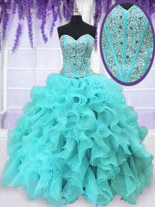 High Quality Ball Gowns 15 Quinceanera Dress Aqua Blue Sweetheart Organza Sleeveless Floor Length Lace Up