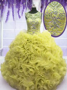 Unique Scoop Floor Length Yellow Quinceanera Dress Organza Sleeveless Beading and Ruffles