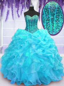 Custom Fit Aqua Blue Ball Gowns Organza Sweetheart Sleeveless Beading and Ruffles and Pick Ups Floor Length Lace Up 15 Quinceanera Dress