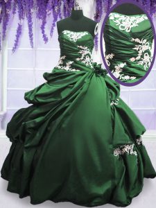 Super Dark Green Ball Gowns Taffeta Strapless Sleeveless Appliques and Pick Ups Floor Length Lace Up Quince Ball Gowns