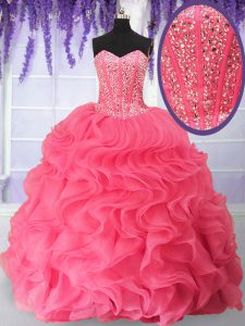 High Class Floor Length Lace Up Quinceanera Gown Rose Pink for Military Ball and Sweet 16 and Quinceanera with Beading and Ruffles