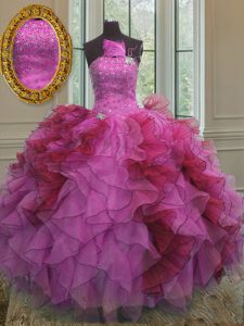Fabulous Organza Strapless Sleeveless Lace Up Ruffles and Sequins Quince Ball Gowns in Multi-color
