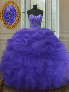 Shining Pick Ups Purple Sleeveless Organza Lace Up Quinceanera Gown for Military Ball and Sweet 16 and Quinceanera