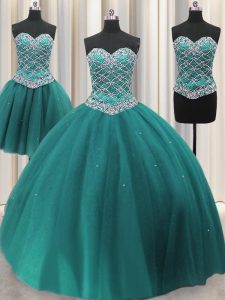 Three Piece Teal Sleeveless Floor Length Beading and Sequins Lace Up 15 Quinceanera Dress