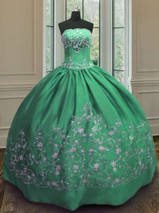 Green Quince Ball Gowns Military Ball and Sweet 16 and Quinceanera and For with Embroidery Strapless Sleeveless Lace Up