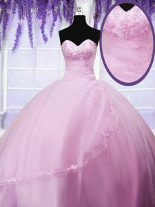 Baby Pink Ball Gowns Appliques Quinceanera Gown Lace Up Tulle Sleeveless Floor Length