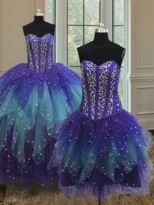 Three Piece Multi-color Ball Gowns Beading and Ruffles and Sequins Quinceanera Gowns Lace Up Tulle Sleeveless Floor Length