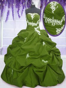 Taffeta Strapless Sleeveless Lace Up Appliques and Pick Ups 15th Birthday Dress in Olive Green