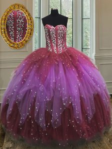 Multi-color Ball Gowns Sweetheart Sleeveless Tulle Floor Length Lace Up Beading and Ruffles and Sequins Sweet 16 Dress