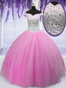 New Arrival Off the Shoulder Hot Pink Tulle Lace Up Vestidos de Quinceanera Short Sleeves Floor Length Beading