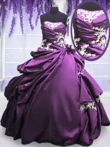 Strapless Sleeveless Quinceanera Dresses Floor Length Appliques and Pick Ups Purple Taffeta