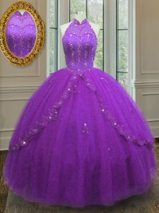 Purple Tulle Lace Up High-neck Sleeveless Floor Length Sweet 16 Dress Beading and Appliques