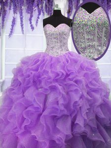 Lavender Sleeveless Ruffles and Sequins Floor Length Sweet 16 Dresses