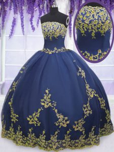 Super Navy Blue Sleeveless Appliques Floor Length Quinceanera Gowns