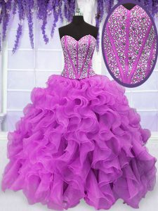 Fuchsia Sweetheart Neckline Beading and Ruffles Ball Gown Prom Dress Sleeveless Lace Up
