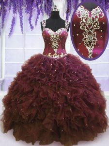 Suitable Tulle Straps Sleeveless Zipper Beading and Ruffles Quinceanera Dresses in Burgundy