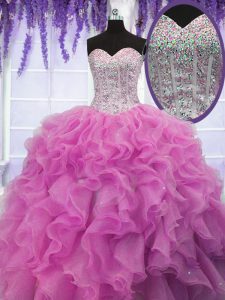 Organza Sweetheart Sleeveless Lace Up Sequins Sweet 16 Quinceanera Dress in Rose Pink