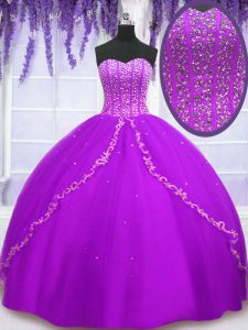 Sweet Tulle Sweetheart Sleeveless Lace Up Beading and Sequins Quinceanera Gown in Purple