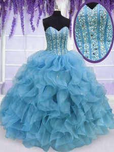 Colorful Floor Length Lace Up Sweet 16 Quinceanera Dress Aqua Blue for Military Ball and Sweet 16 and Quinceanera with Beading and Ruffles