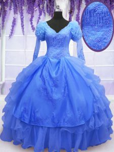 Custom Made Organza One Shoulder Long Sleeves Lace Up Beading and Embroidery and Hand Made Flower Sweet 16 Dresses in Blue