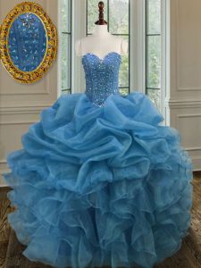 Discount Sweetheart Sleeveless 15th Birthday Dress Floor Length Beading and Ruffles Blue Organza