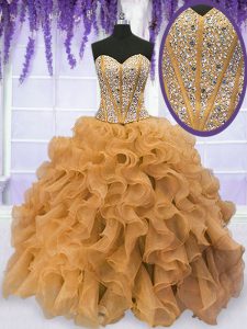Popular Gold Ball Gowns Sweetheart Sleeveless Organza Floor Length Lace Up Beading and Ruffles Quinceanera Dress