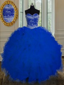 Superior Royal Blue Ball Gowns Sweetheart Sleeveless Tulle Floor Length Lace Up Beading and Ruffles 15 Quinceanera Dress