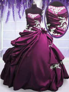 Purple Ball Gowns Appliques and Pick Ups Quince Ball Gowns Lace Up Taffeta Sleeveless Floor Length