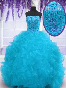Spectacular With Train Lace Up Quince Ball Gowns Aqua Blue for Military Ball and Sweet 16 and Quinceanera with Beading and Ruffles Brush Train