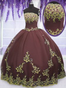 Fitting Sleeveless Floor Length Lace and Appliques Zipper 15th Birthday Dress with Chocolate