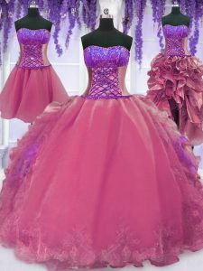 Four Piece Floor Length Lace Up Vestidos de Quinceanera Pink for Military Ball and Sweet 16 and Quinceanera with Embroidery and Ruffles