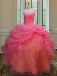 Sophisticated Pick Ups Pink Sleeveless Organza Lace Up Ball Gown Prom Dress for Military Ball and Sweet 16 and Quinceanera
