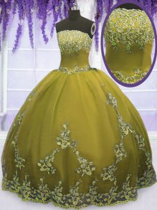 Beauteous Olive Green Ball Gowns Appliques Quinceanera Gown Zipper Tulle Sleeveless Floor Length