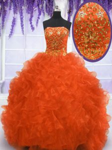 Strapless Sleeveless Brush Train Lace Up Quince Ball Gowns Orange Red Organza